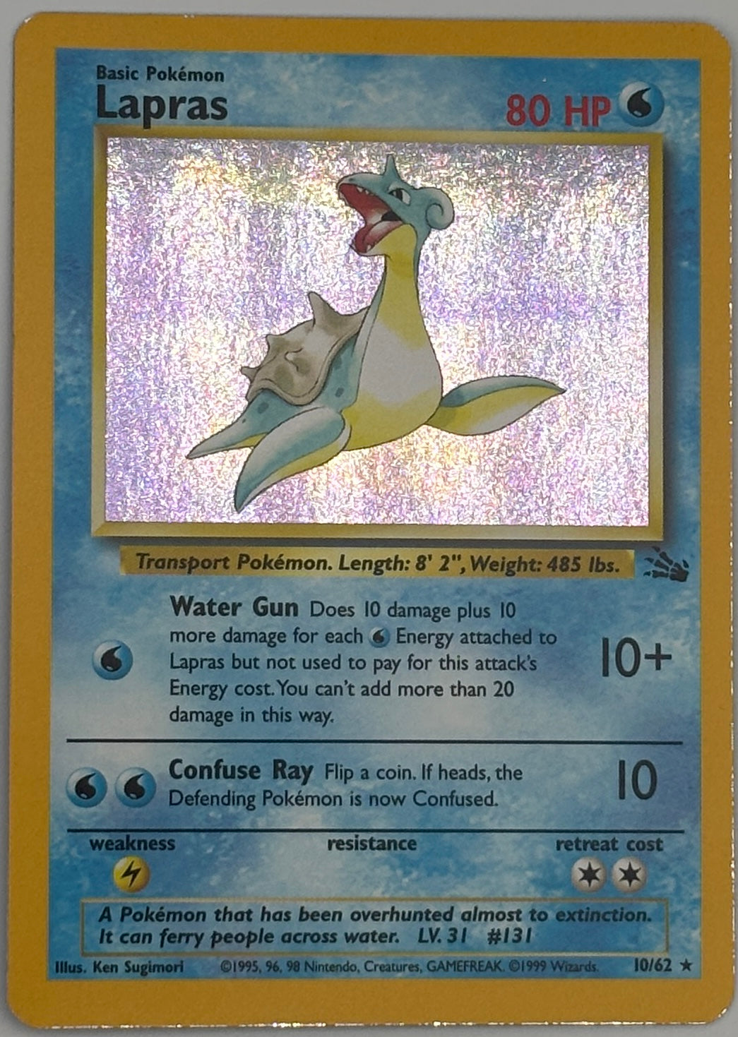 1999 Pokemon Fossil Lapras holo card front, 10/62