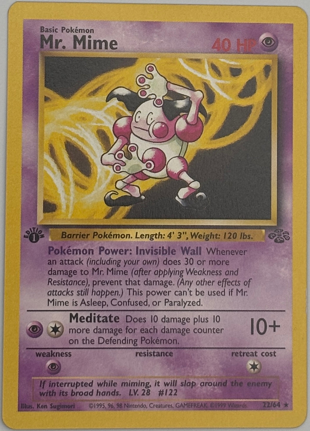 1999 Pokemon Jungle Mr. Mime holo 1st Edition card front, 22/64