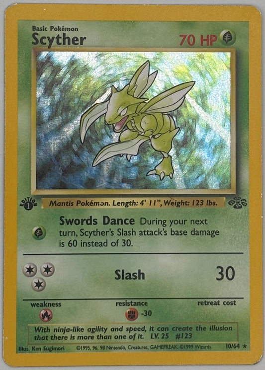 1999 Pokemon Jungle Scyther holo 1st Edition card front, 10/64