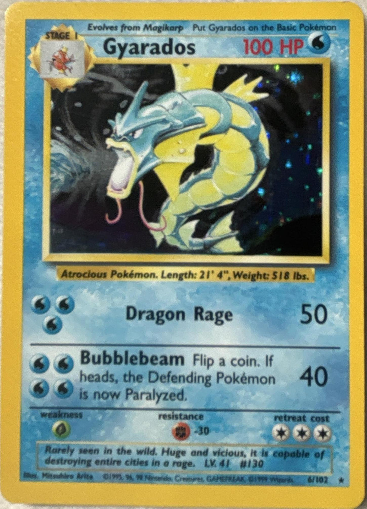 1999 Pokemon Gyarados Base Set Unlimited #6/102 Holo card front