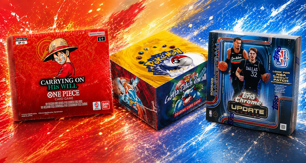 HoloChase homepage banner featuring One Piece, Pokemon, and Topps Chrome sealed booster boxes