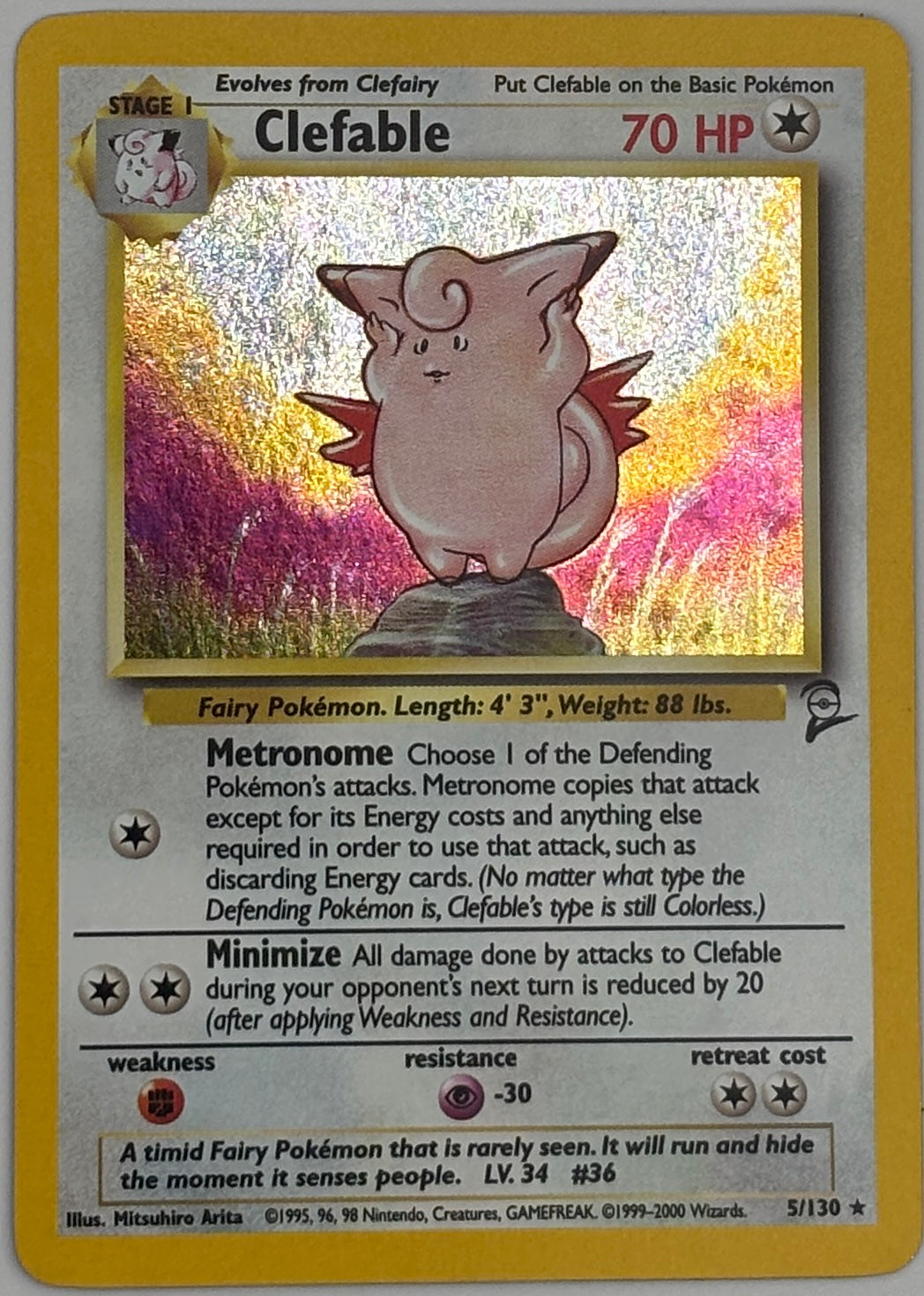 Pokemon Base Set 2 Clefable holo card front, 5/130