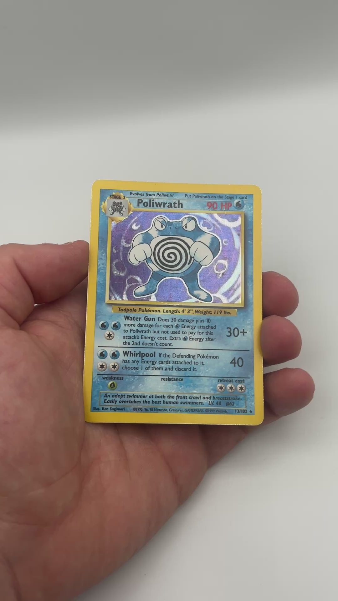 1999 Pokemon Base Set Poliwrath holo card condition video, front, 13/102