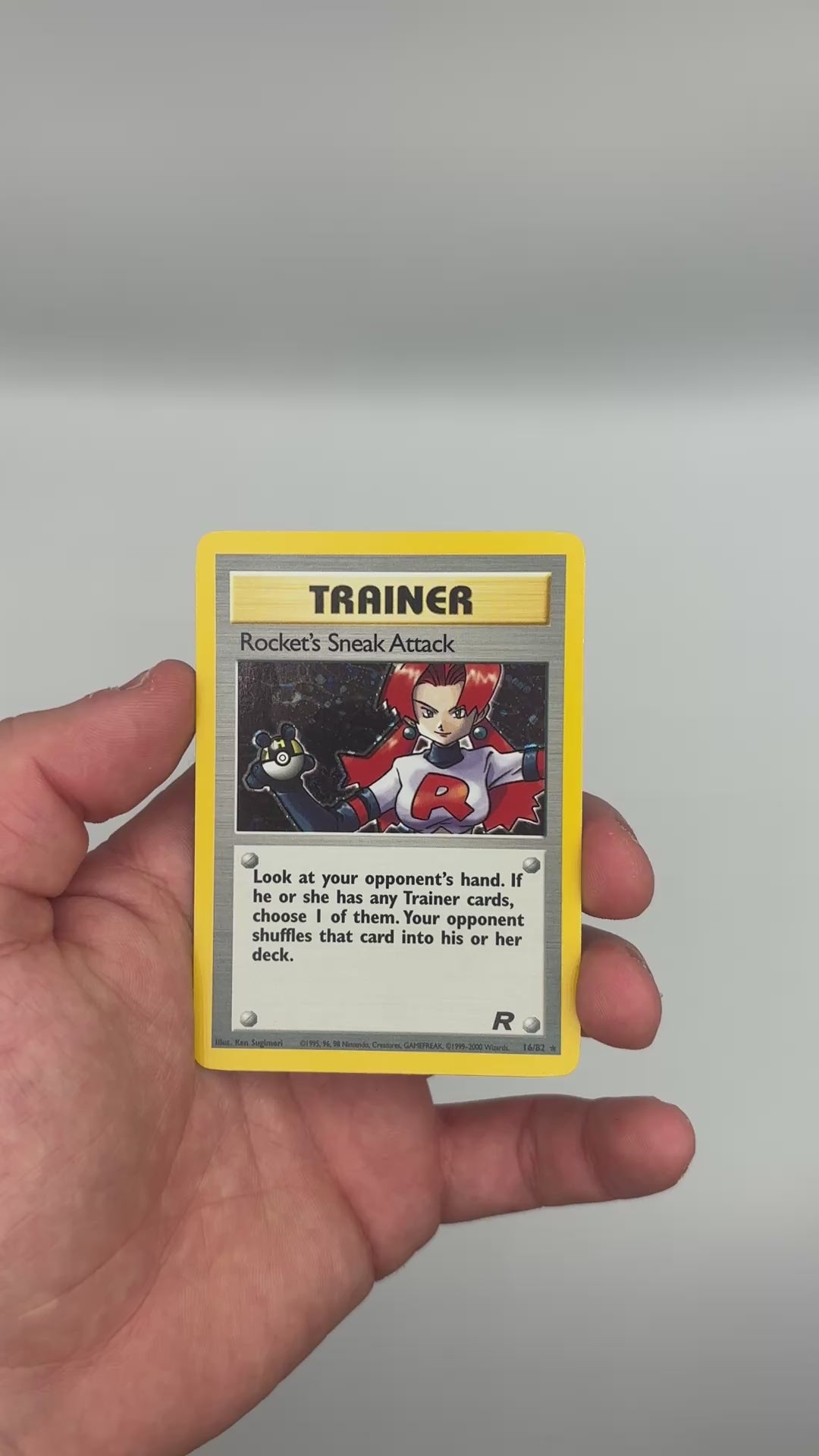 1999 Pokemon Team Rocket Rocket's Sneak Attack card condition video, front, 16/82