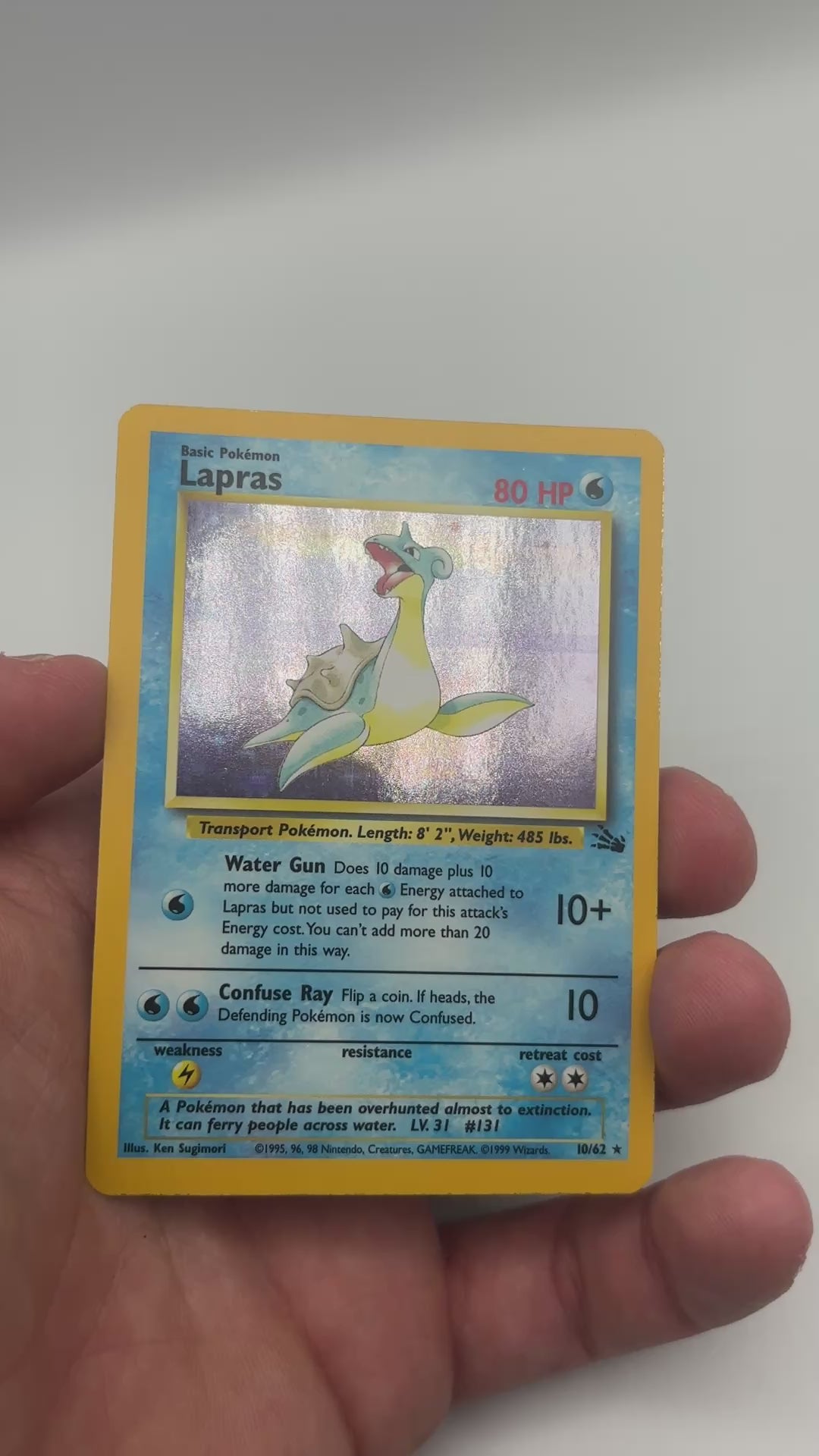1999 Pokemon Fossil Lapras holo card condition video, front, 10/62