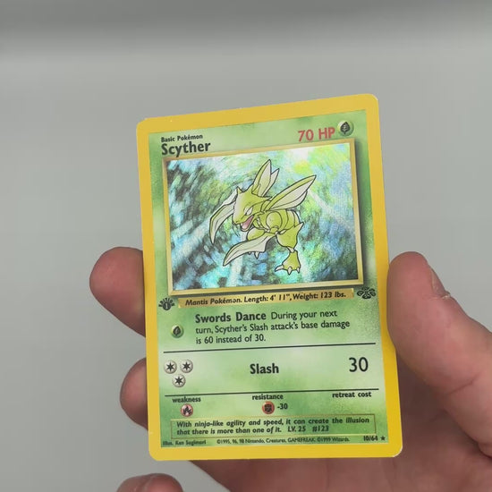 1999 Pokemon Jungle Scyther holo 1st Edition card condition video, front, 10/64