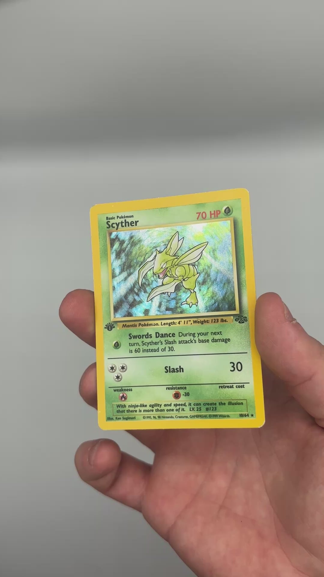 1999 Pokemon Jungle Scyther holo 1st Edition card condition video, front, 10/64